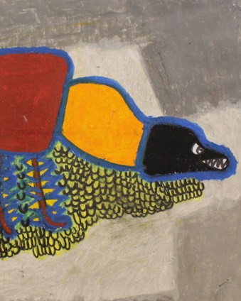 Die Malerei von Savaz Özbe zeigt einen bunten Käfer auf einer Betonwand