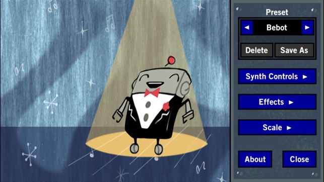 Ein Computerbildschirm zeigt einen kleinen Cartoon-Roboter im schwarzen Anzug, der auf einer Bühne tanzt. Rechts befindet sich eine Menüleiste, die unterschiedliche Funktionen und Effekte ermöglicht.