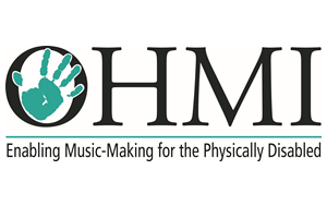 In schwarzen Großbuchstaben steht das Wort OHMI. Im O ist ein türkisgrüner Handabdruck zu sehen. Unter dem Wort ist eine türkisgrüne Linie und darunter steht in Schwarz Enabling Music-Making for the Physically Disabled.