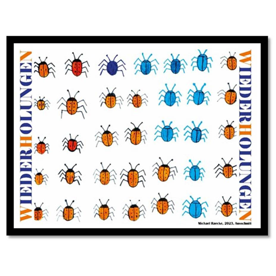 Mehrere Reihen von roten und blauen Marienkäfern befinden sich in einem schwarzen Bilderrahmen. Neben den Marienkäfern steht das Wort 