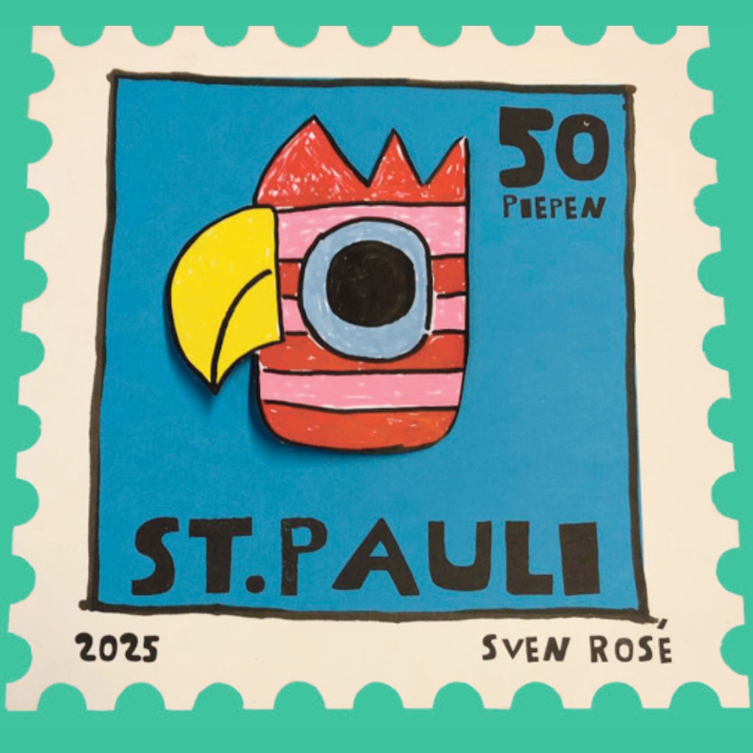 Briefmarke mit bunter Papageienzeichnung, Text 