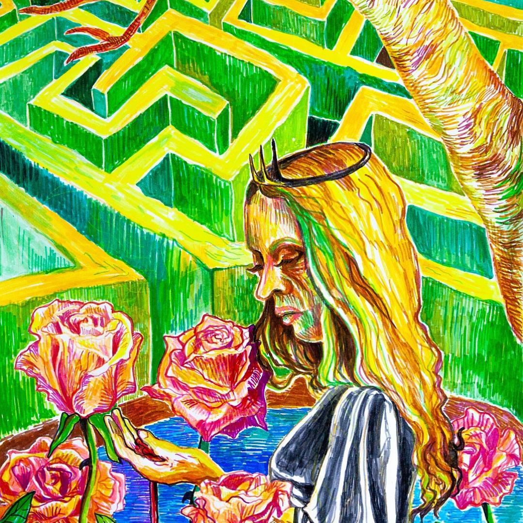 Bunte Illustration einer Frau mit Krone, die in einem Labyrinthgarten rosa Rosen betrachtet.
