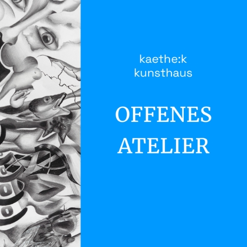 Grafik „Offenes Atelier“ des kaethe:k Kunsthauses mit Zeichnung und blauem Hintergrund.