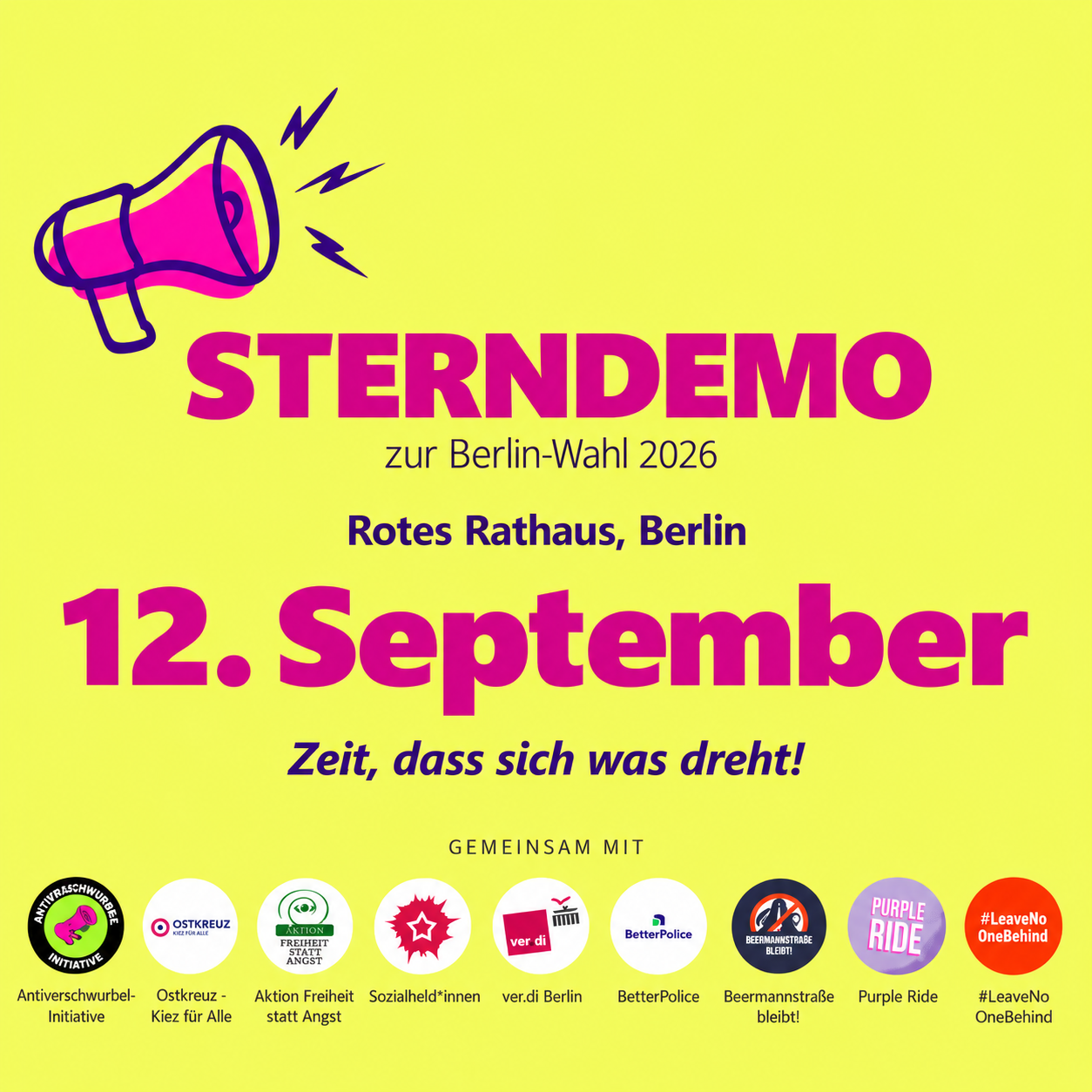 Grafik zur Sterndemo zur Berlin-Wahl 2026 am 12. September vor dem Roten Rathaus, mit Megafon und Logos der beteiligten Initiativen.