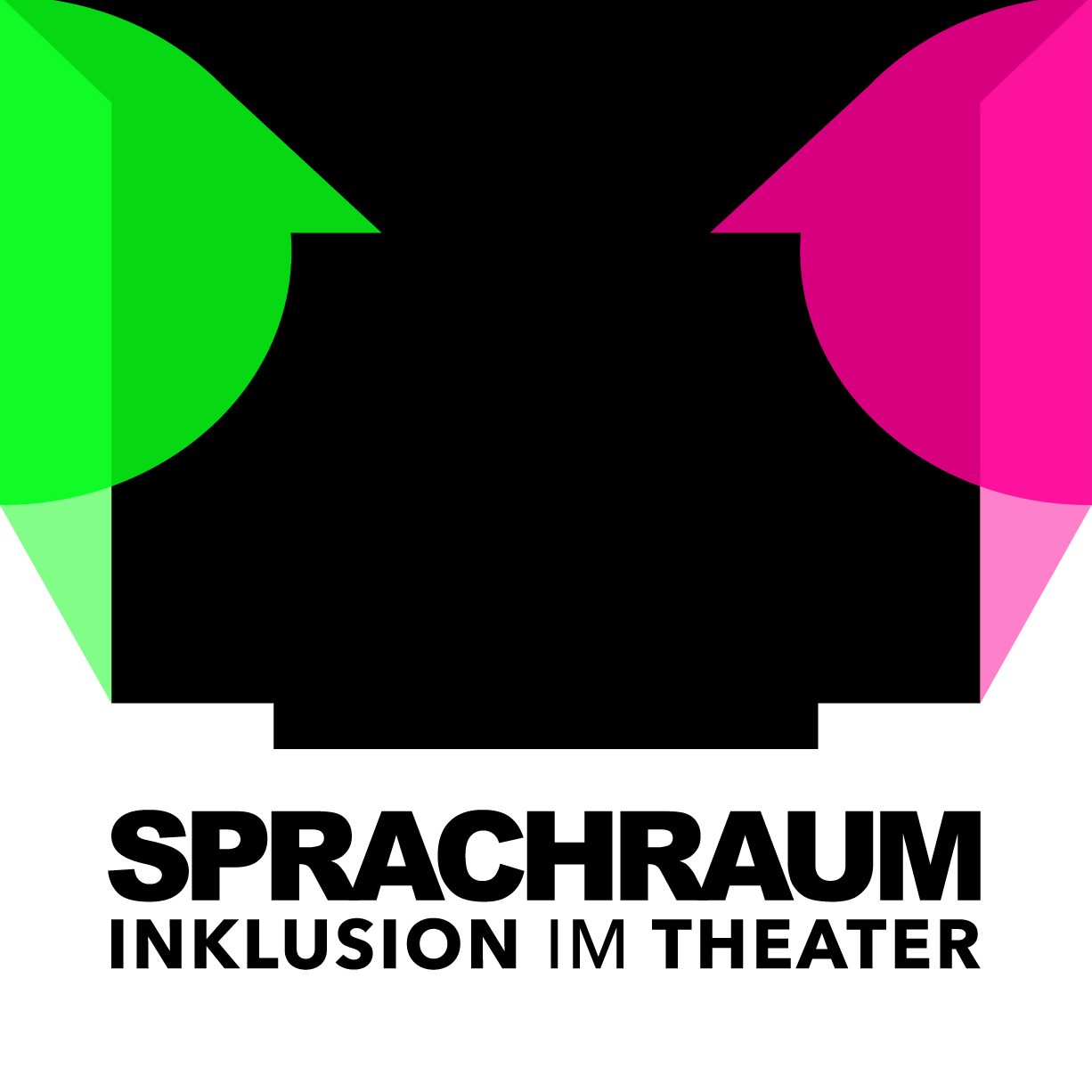 Sprachraum, Inklusion am Theater-Logo: Neonpinke und neongrüne Sprechblase links und rechts, schwarze Mitte