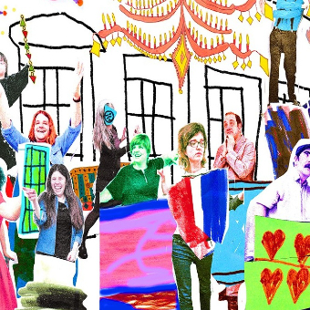 Bunte Ballsallszene im Pop-Art Stil