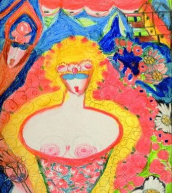 Titelbild der Ausstellung von Aloïse Corbaz und Brevario Grimani. Abstrakte bunte Zeichnung einer barbusigen Frau mit Blumenkranz, vor Wellen und einem Haus