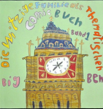 Zeichnung von Rohullah Kazimi, zu sehen ist der Big Ben und der Titel &quot;Die witzige Familie als thematisches Comic Buch&quot; 